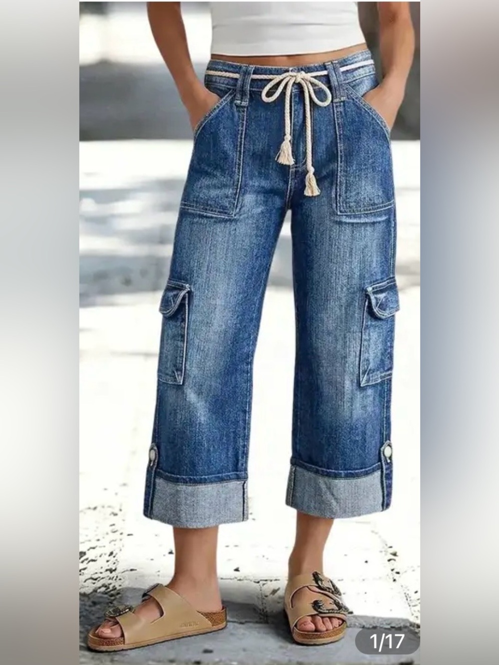 Flamingals Belted Flap Pocket Roll Hem Mid Waist Straight Leg Crop Jeans